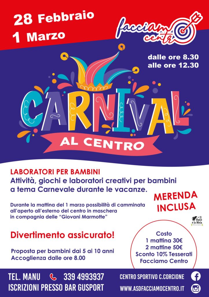 Carnevale al Centro! Due mattine dedicate ai bambini dai 5 ai 10 anni con attività, giochi e laboratori creativi per bambini a tema Carnevale durante le vacanze. Durante la mattina del 1 marzo possibilità di camminata all’aperto all’esterno del centro in maschera in compagnia delle “Giovani marmotte”. Divertimento assicurato! Ecco le date da segnare: 📆 Lunedì 28 febbraio 📆 Martedì 1 marzo ⏰dalle ore 8.30 alle ore 12.30 😎Accoglienza dalle ore 8.00 🔖1 mattina € 30 🔖 2 mattine € 50 sconto 10% tesserati Facciamo Centro 🤩Prenotazioni al Gusport oppure al 339499 3937